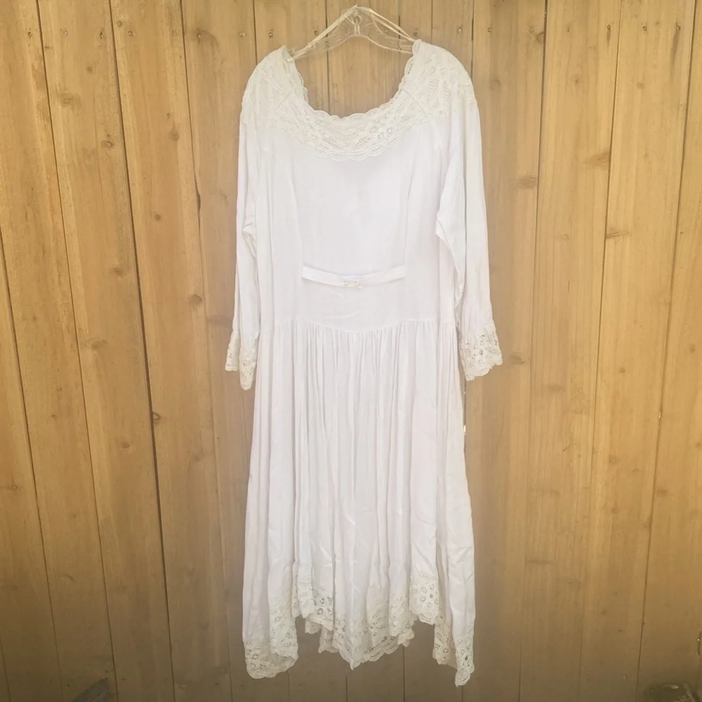 Vintage Plus Size Western Dress White Size 16 Lace Long Sleeve Pearl Button FLAW - Picture 2 of 13